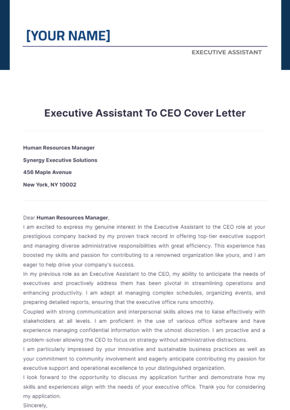 Executive Assistant To Ceo Cover Letter - Edit Online & Download