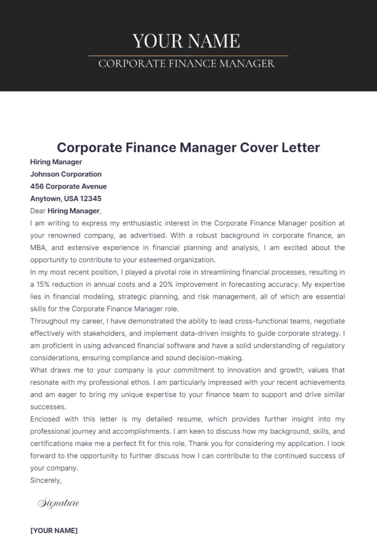 Corporate Finance Manager Cover Letter - Edit Online & Download