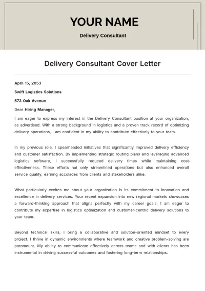 Free Delivery Consultant Cover Letter to Edit Online