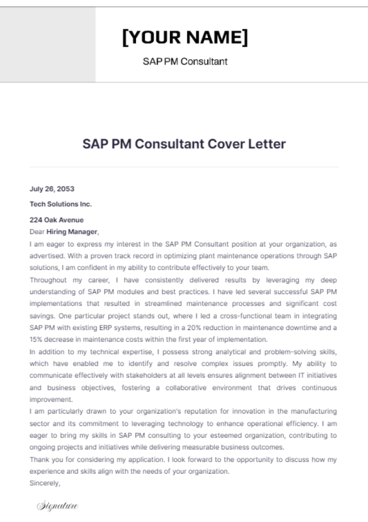 SAP PM Consultant Cover Letter