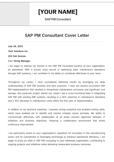 Free SAP PM Consultant Cover Letter to Edit Online