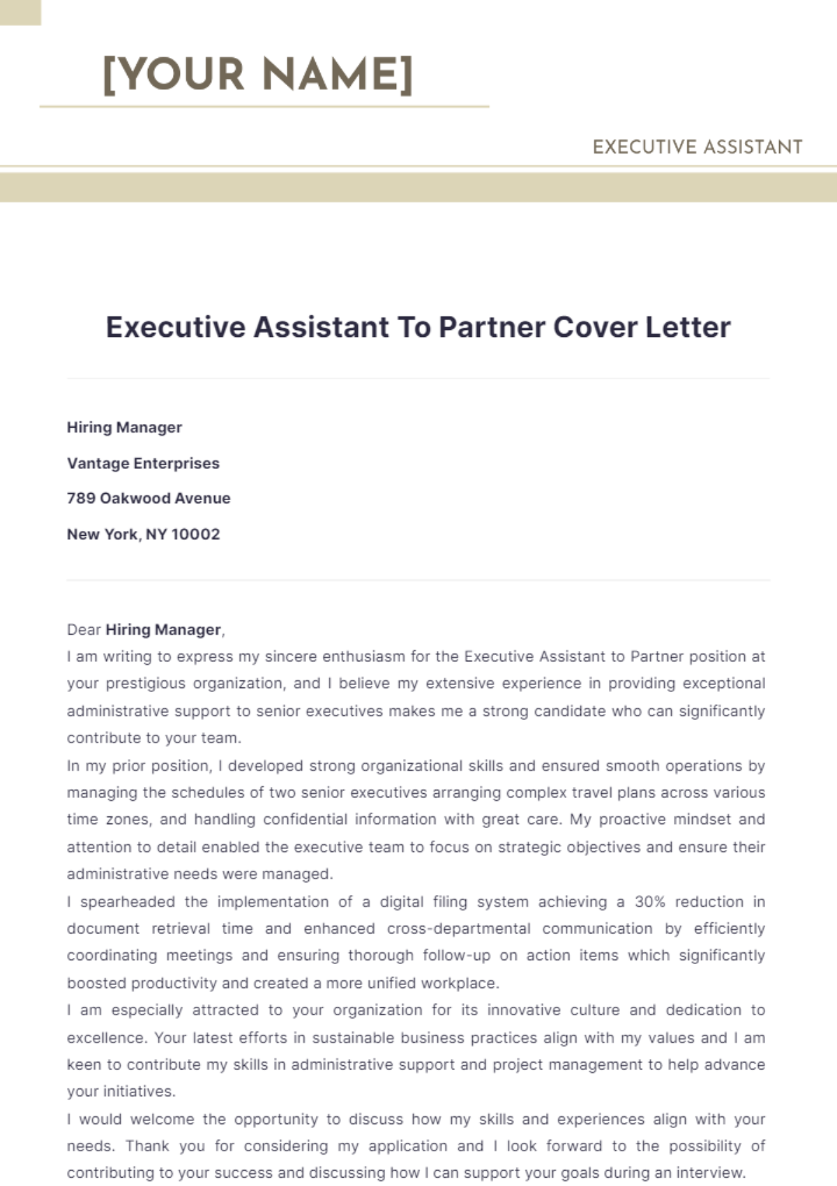 Executive Assistant To Partner Cover Letter - Edit Online & Download