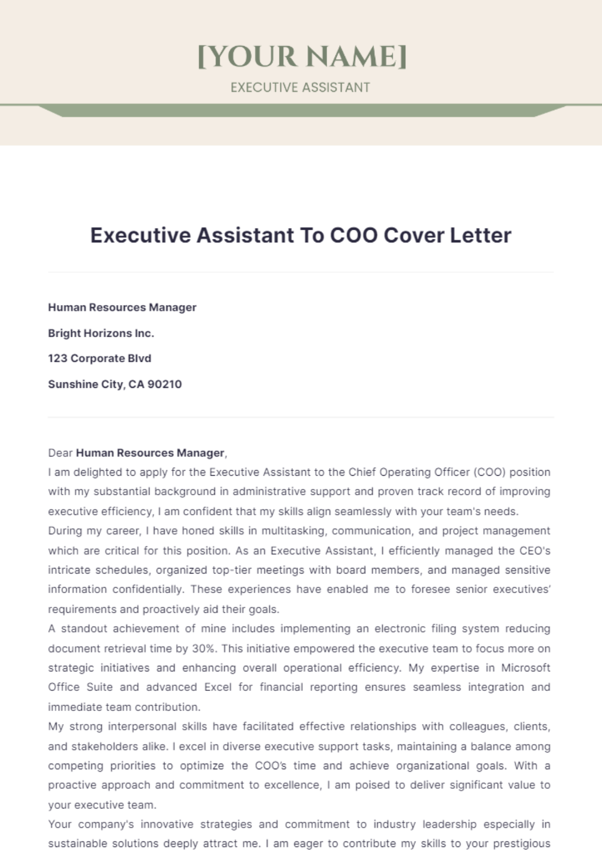 Executive Assistant To Coo Cover Letter - Edit Online & Download