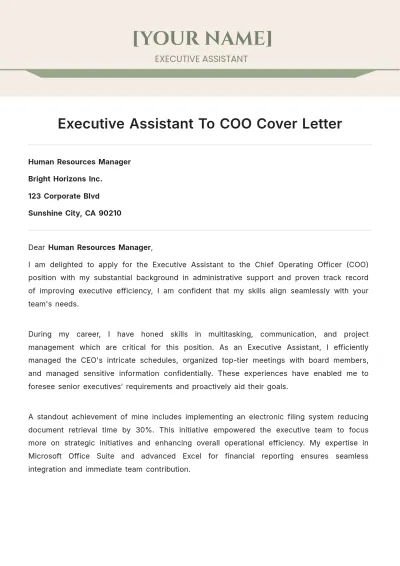 Free Executive Assistant To Coo Cover Letter to Edit Online