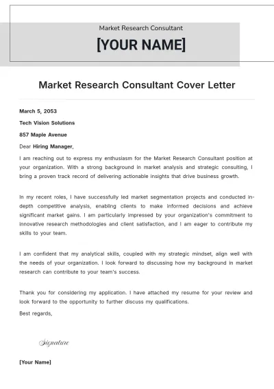 Free Market Research Consultant Cover Letter to Edit Online