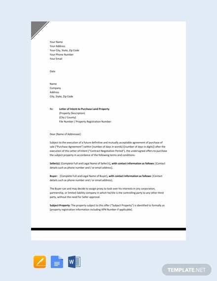 Free Letter Of Intent To Purchase Land Template Word Doc Google Docs Apple Mac Pages