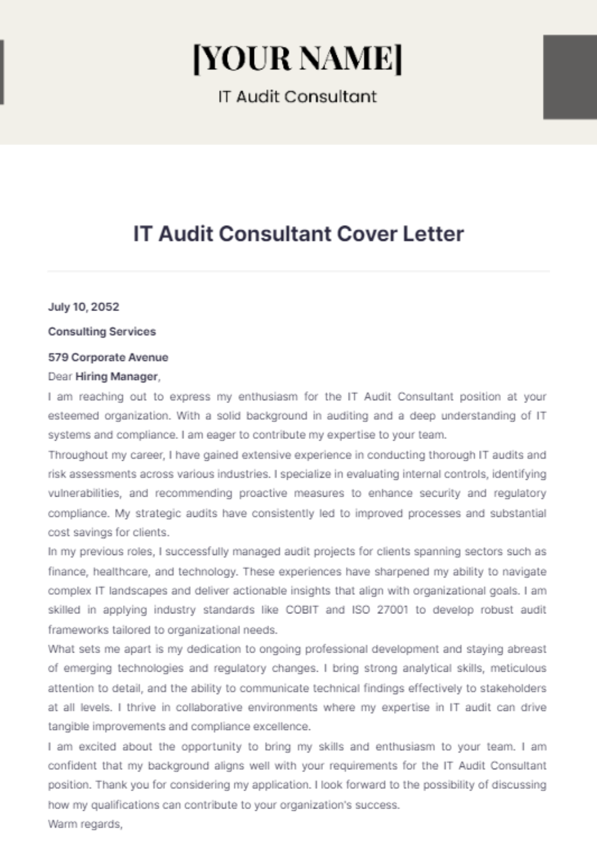 IT Audit Consultant Cover Letter - Edit Online & Download