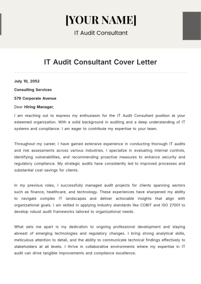 Free IT Audit Consultant Cover Letter to Edit Online