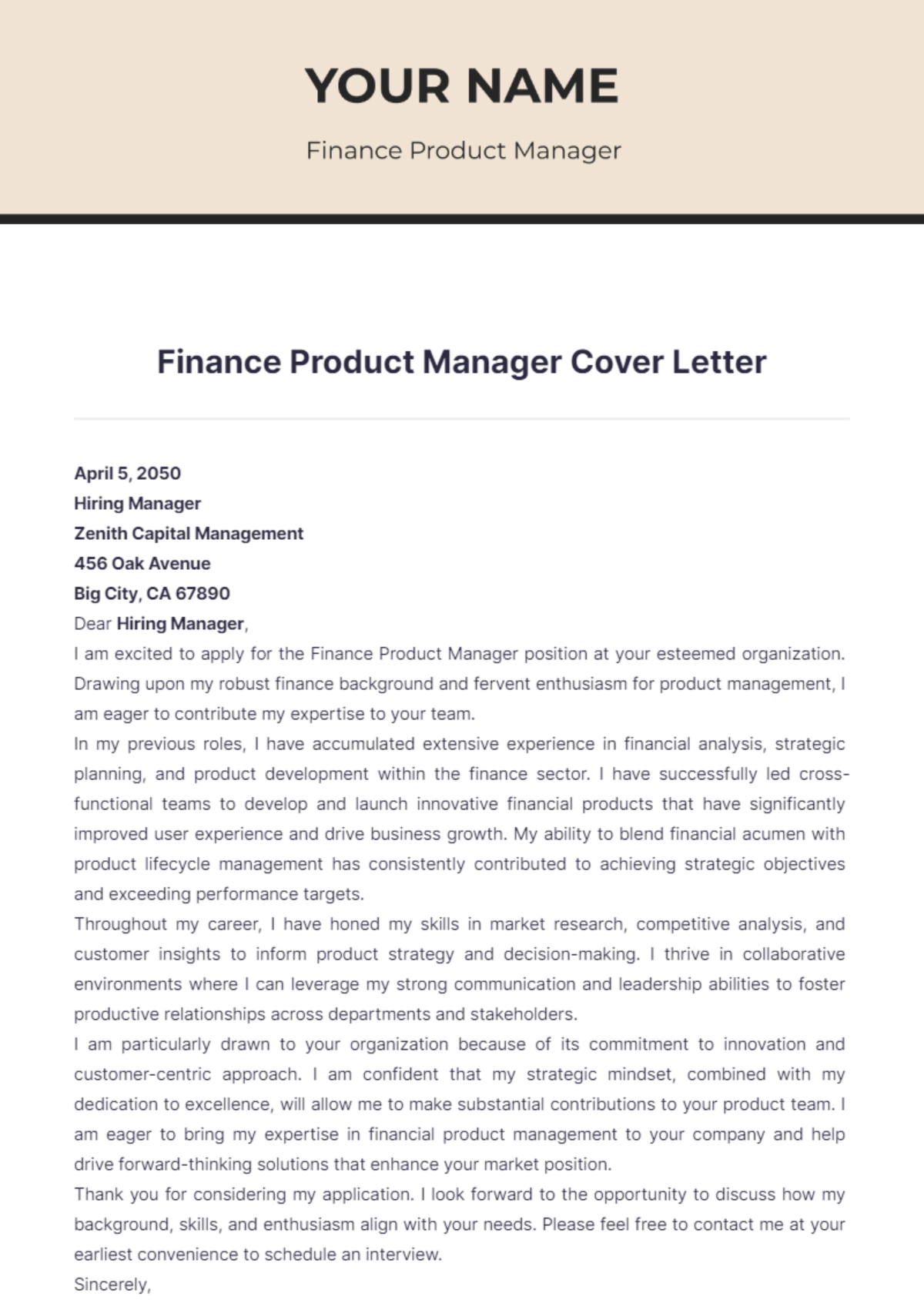 Finance Product Manager Cover Letter - Edit Online & Download