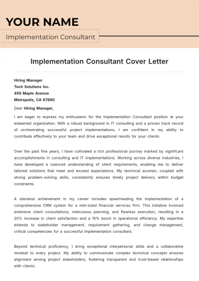 Free Implementation Consultant Cover Letter to Edit Online