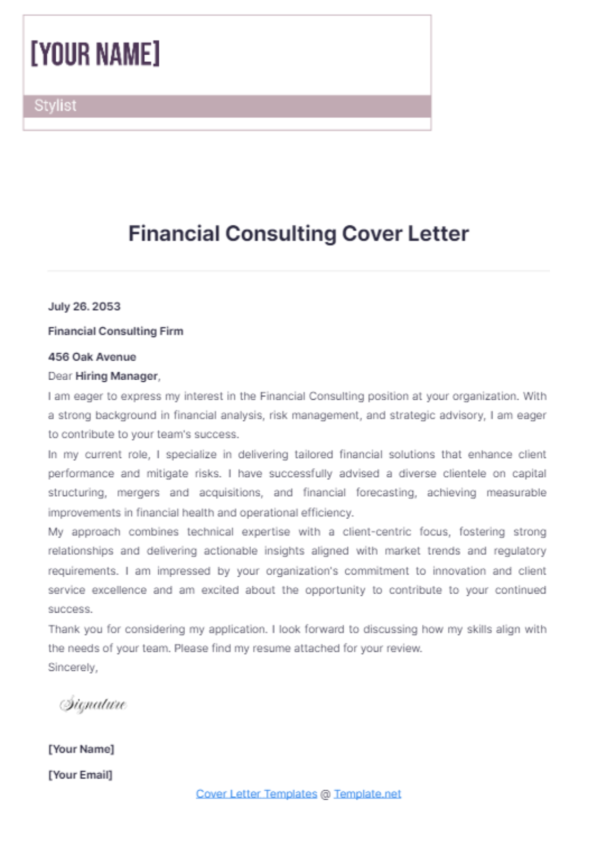 Financial Consulting Cover Letter - Edit Online & Download