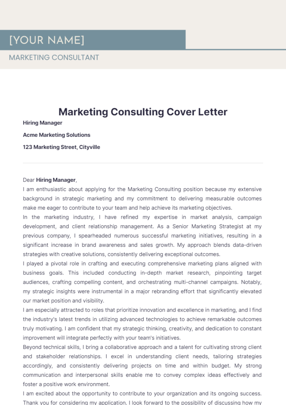 Marketing Consulting Cover Letter