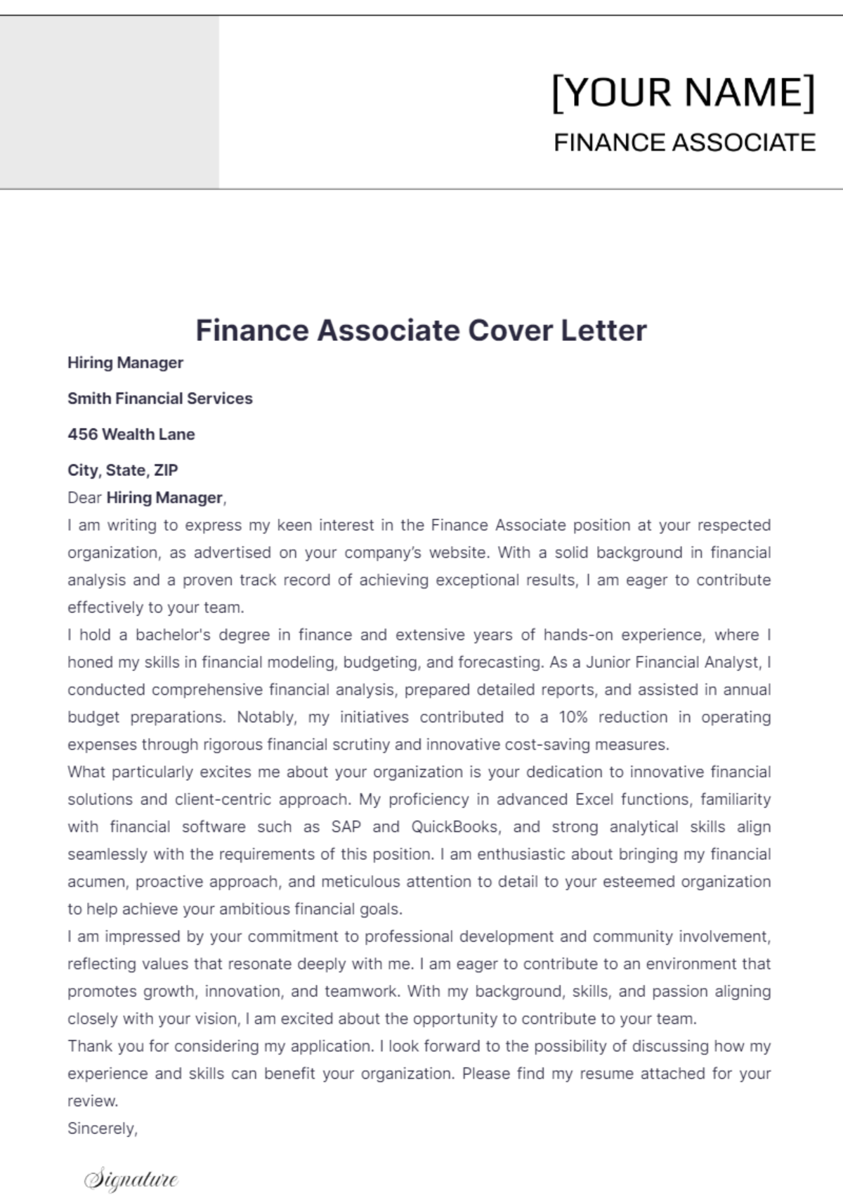 Finance Associate Cover Letter - Edit Online & Download