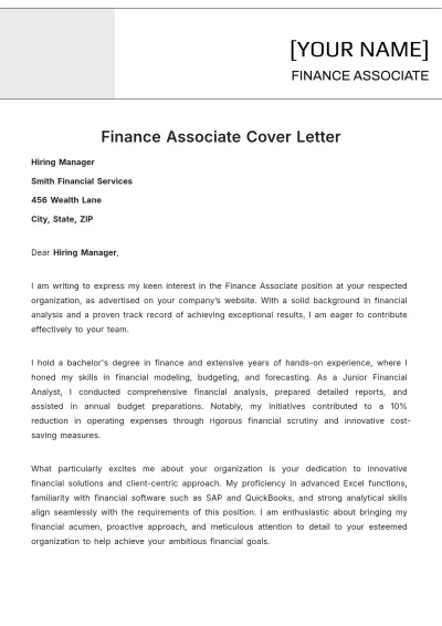 Free Finance Associate Cover Letter to Edit Online
