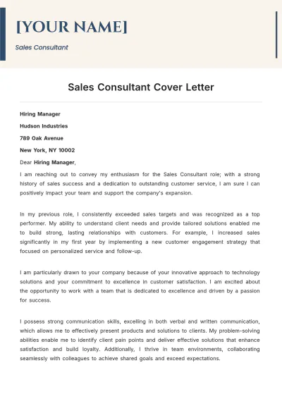 Free Sales Consultant Cover Letter to Edit Online