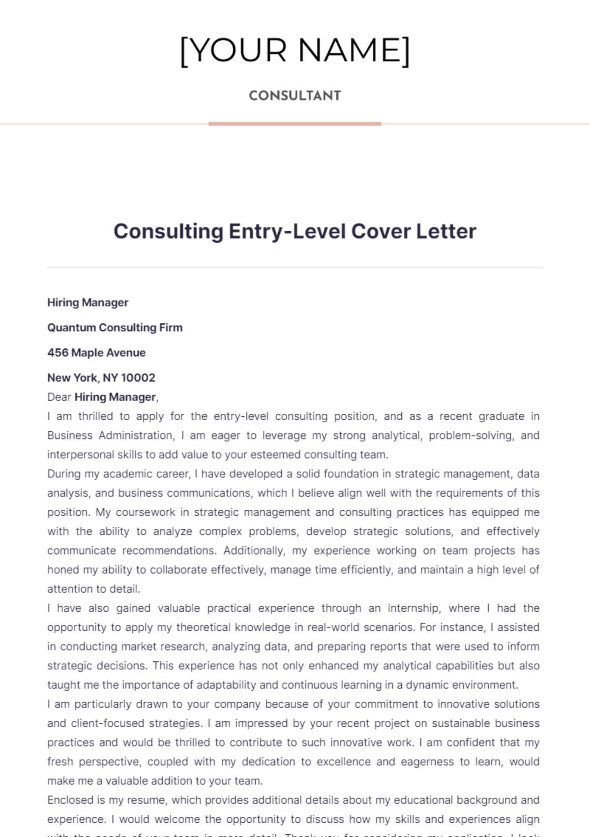 Consulting Entry Level Cover Letter - Edit Online & Download