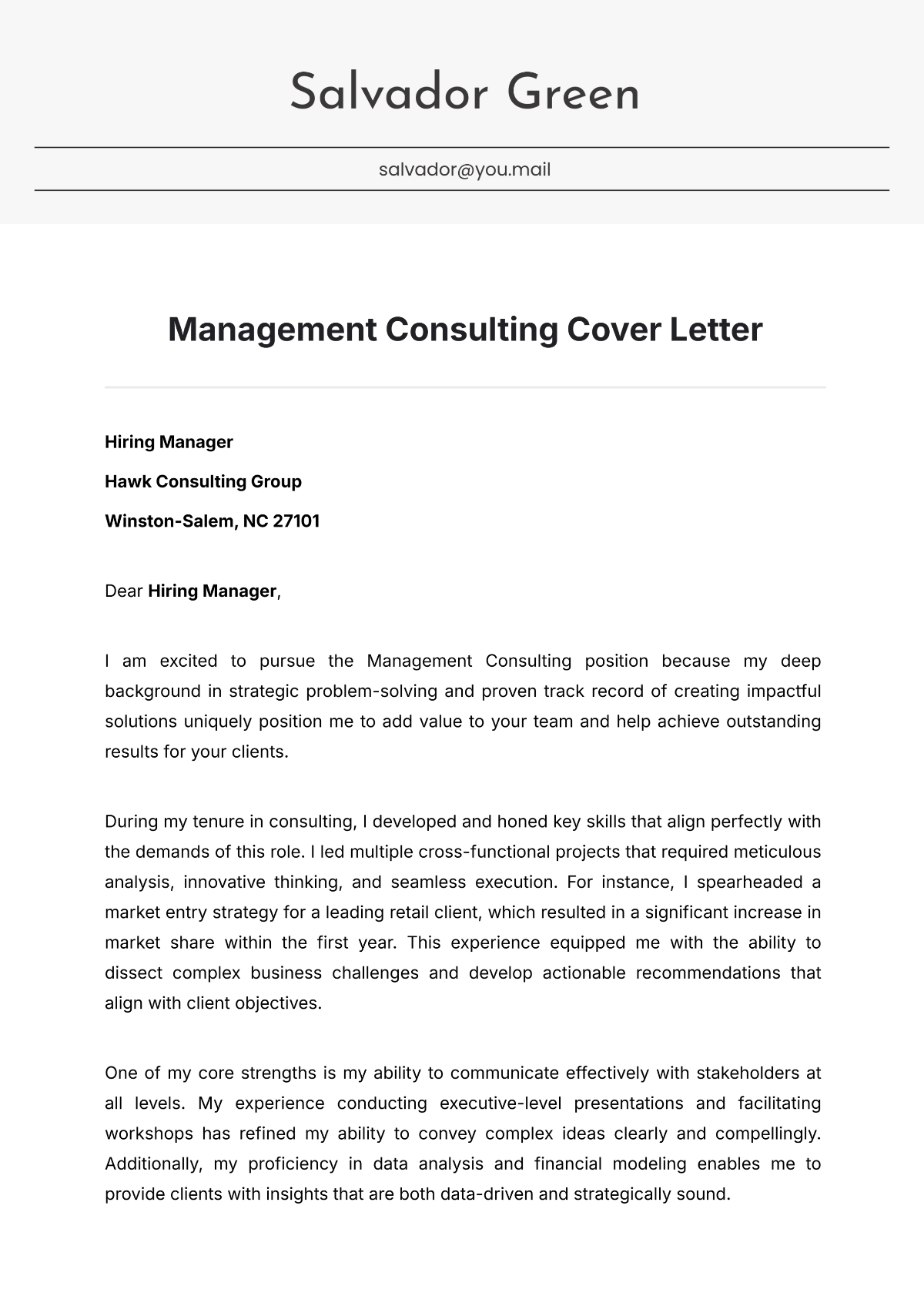 Management Consulting Cover Letter Template - Edit Online & Download