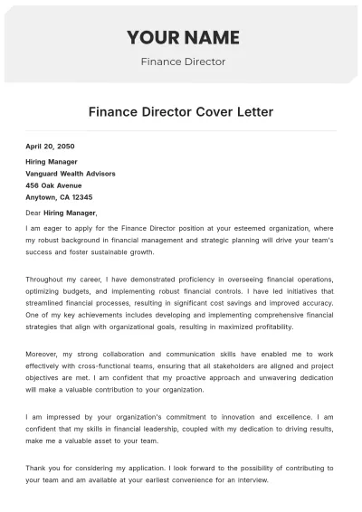 Free Finance Director Cover Letter to Edit Online