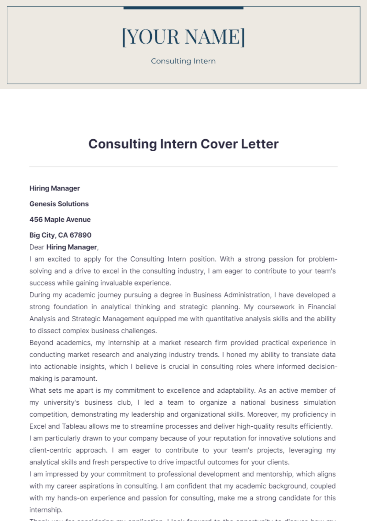 Consulting Intern Cover Letter - Edit Online & Download