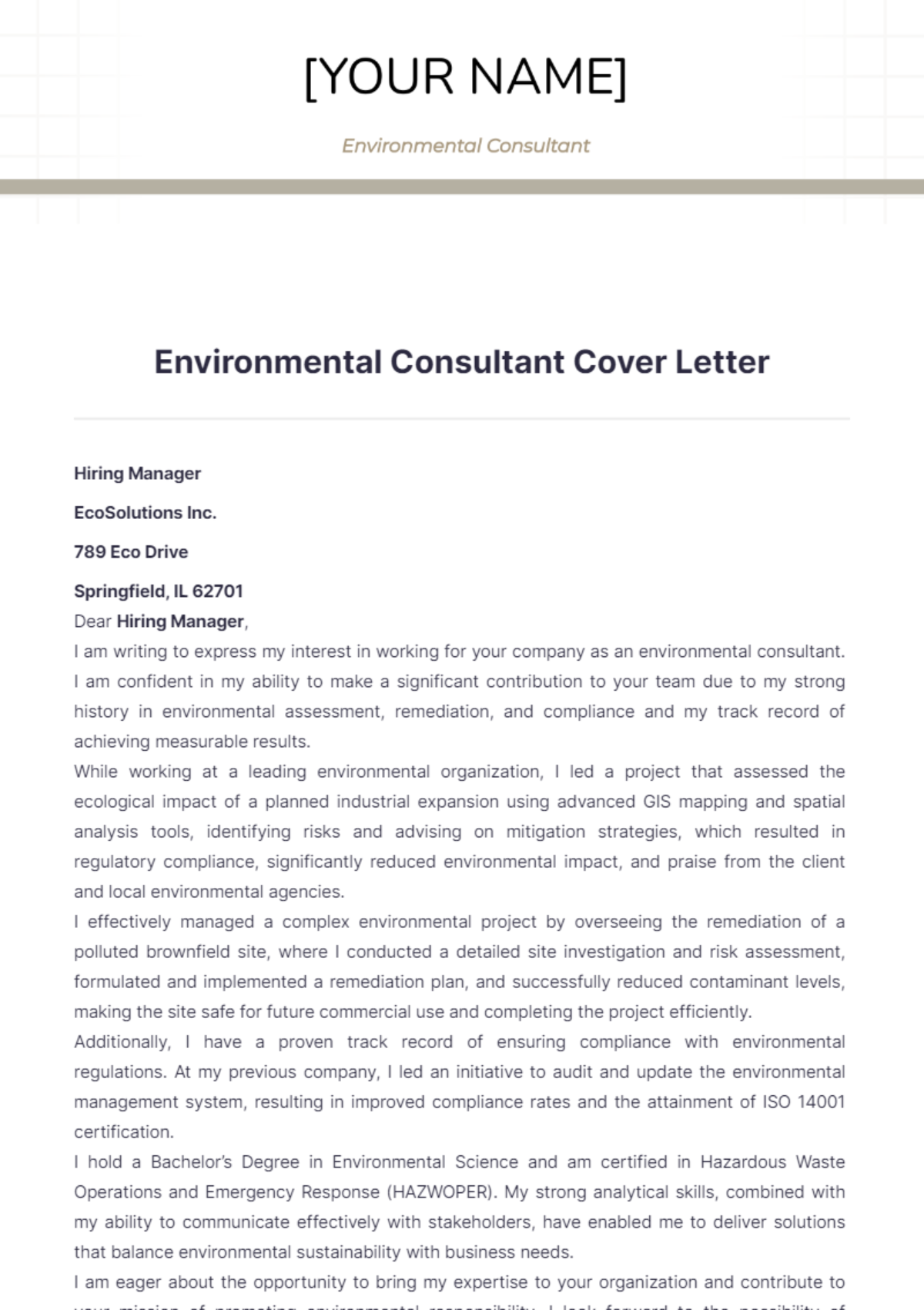 Environmental Consultant Cover Letter - Edit Online & Download