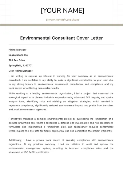 Free Environmental Consultant Cover Letter to Edit Online