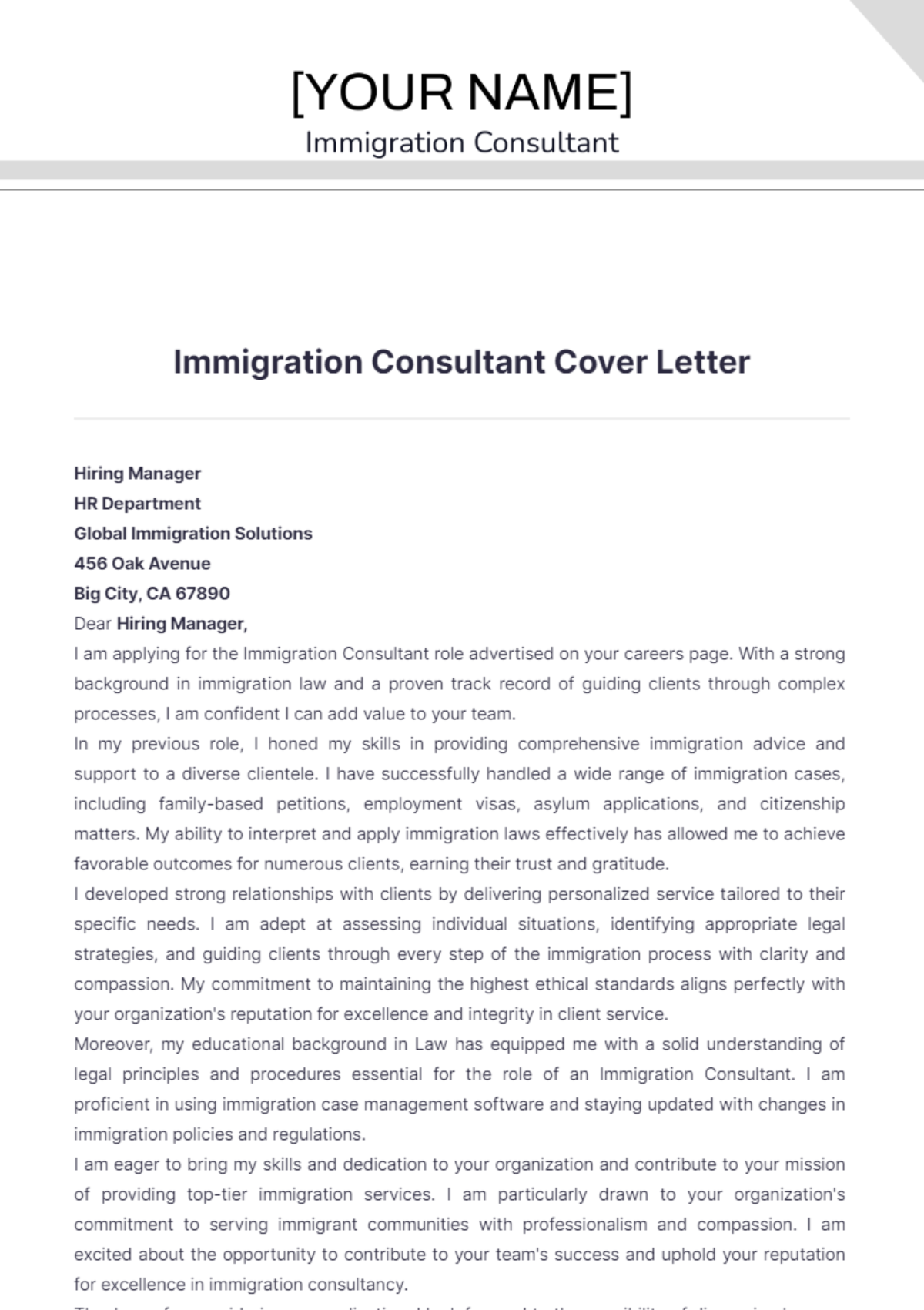 Immigration Consultant Cover Letter