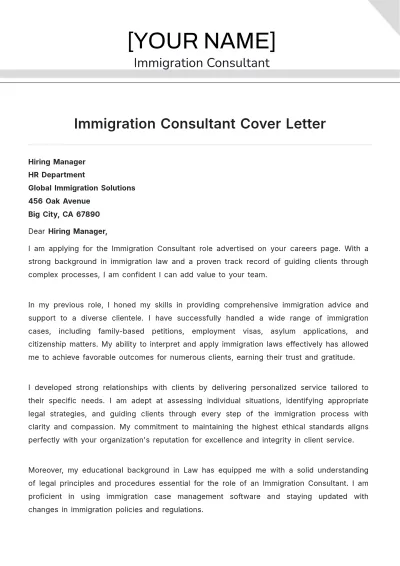 Free Immigration Consultant Cover Letter to Edit Online