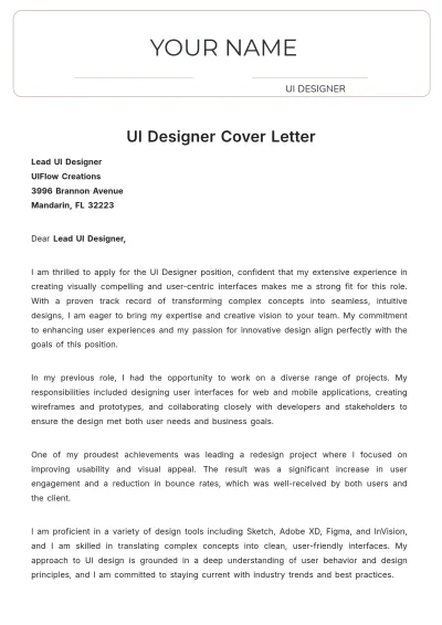 Free UI Designer Cover Letter to Edit Online