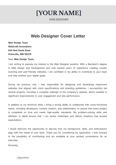 Free Web Designer Cover Letter to Edit Online