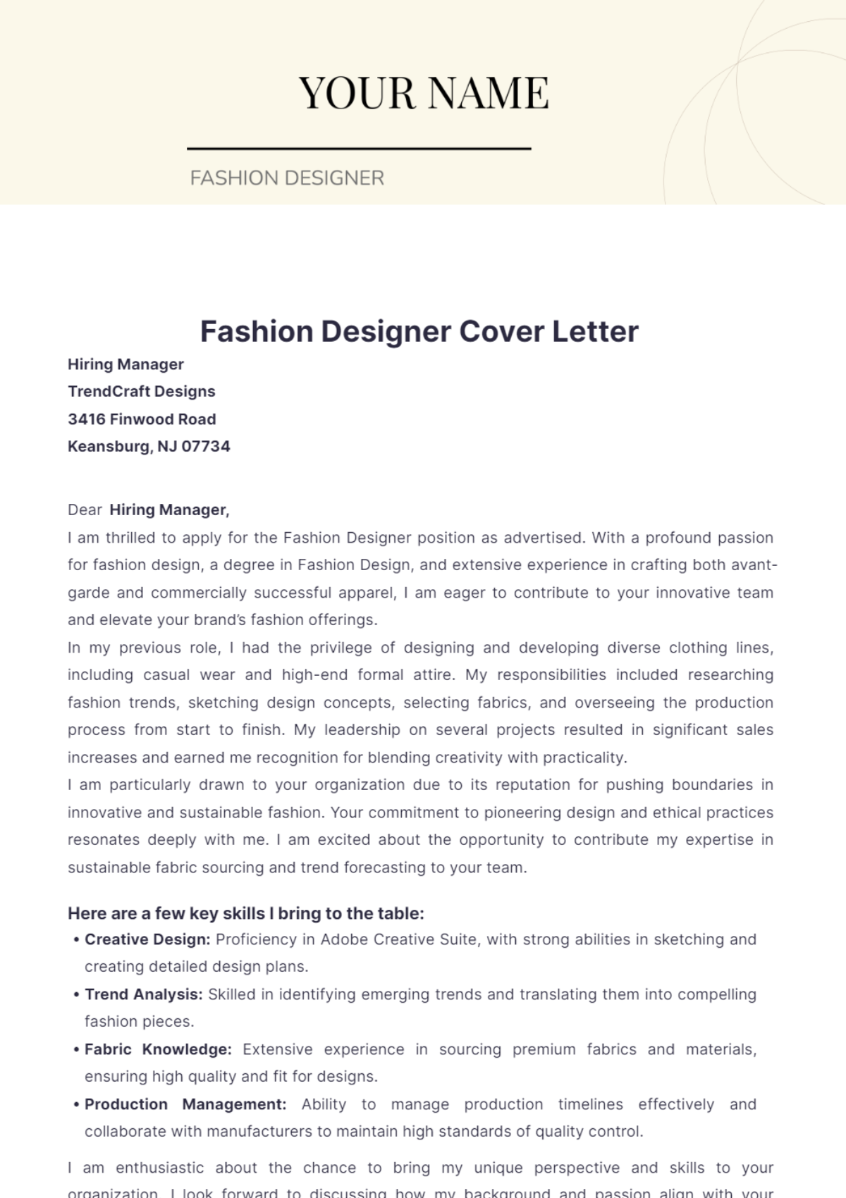 Fashion Designer Cover Letter - Edit Online & Download