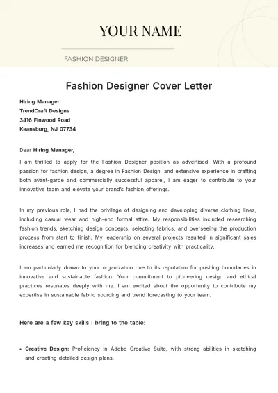 Free Fashion Designer Cover Letter to Edit Online