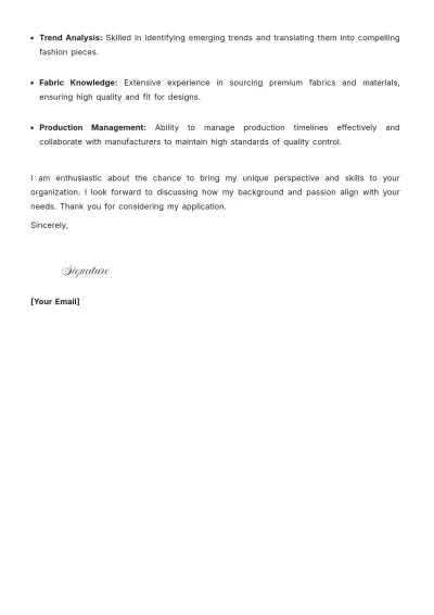 Free Fashion Designer Cover Letter to Edit Online