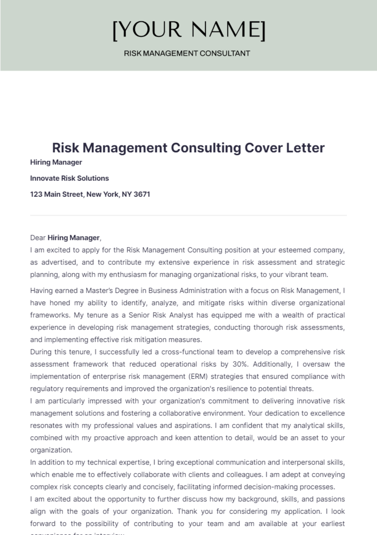 Risk Management Consulting Cover Letter