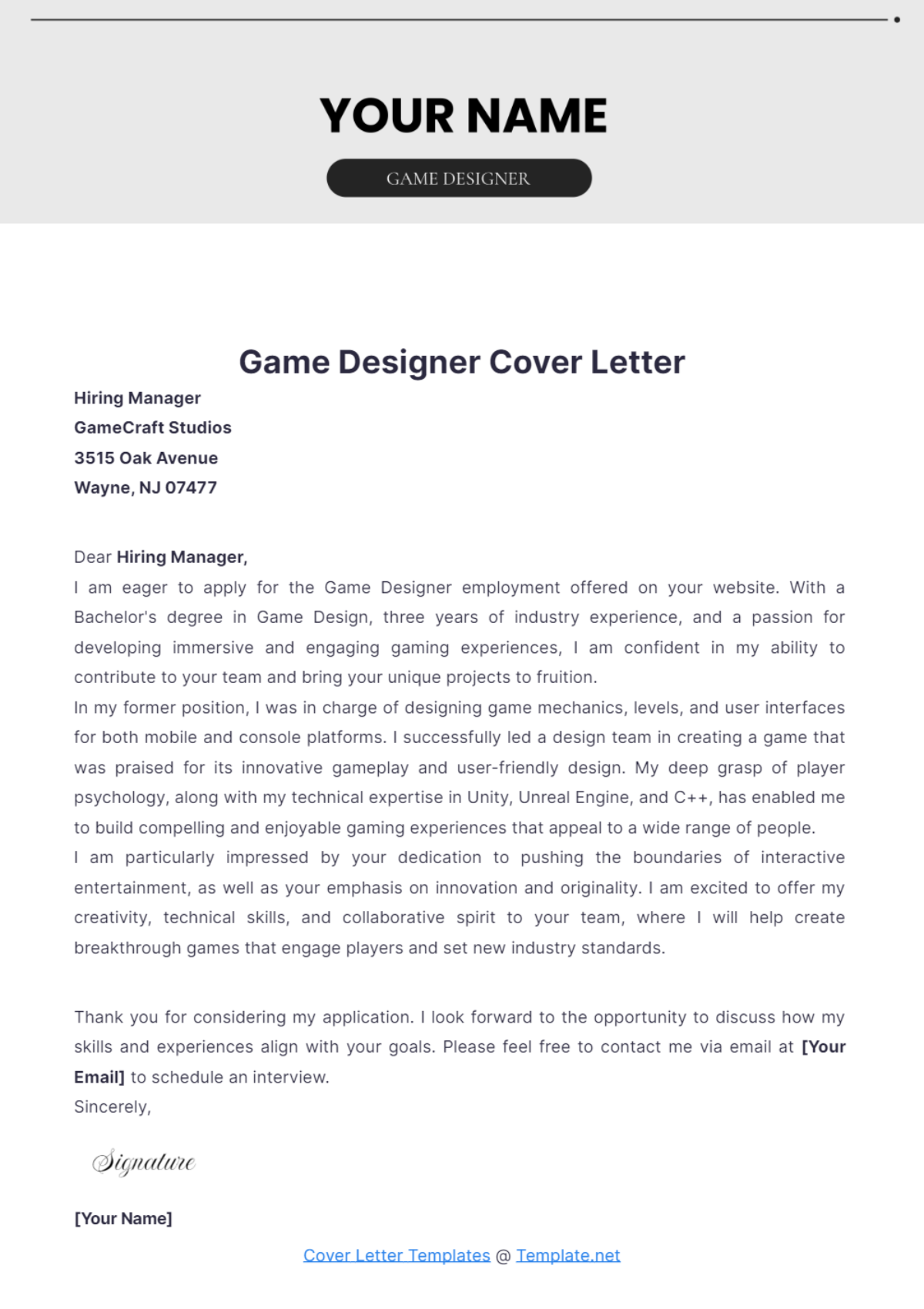 cover letter game designer