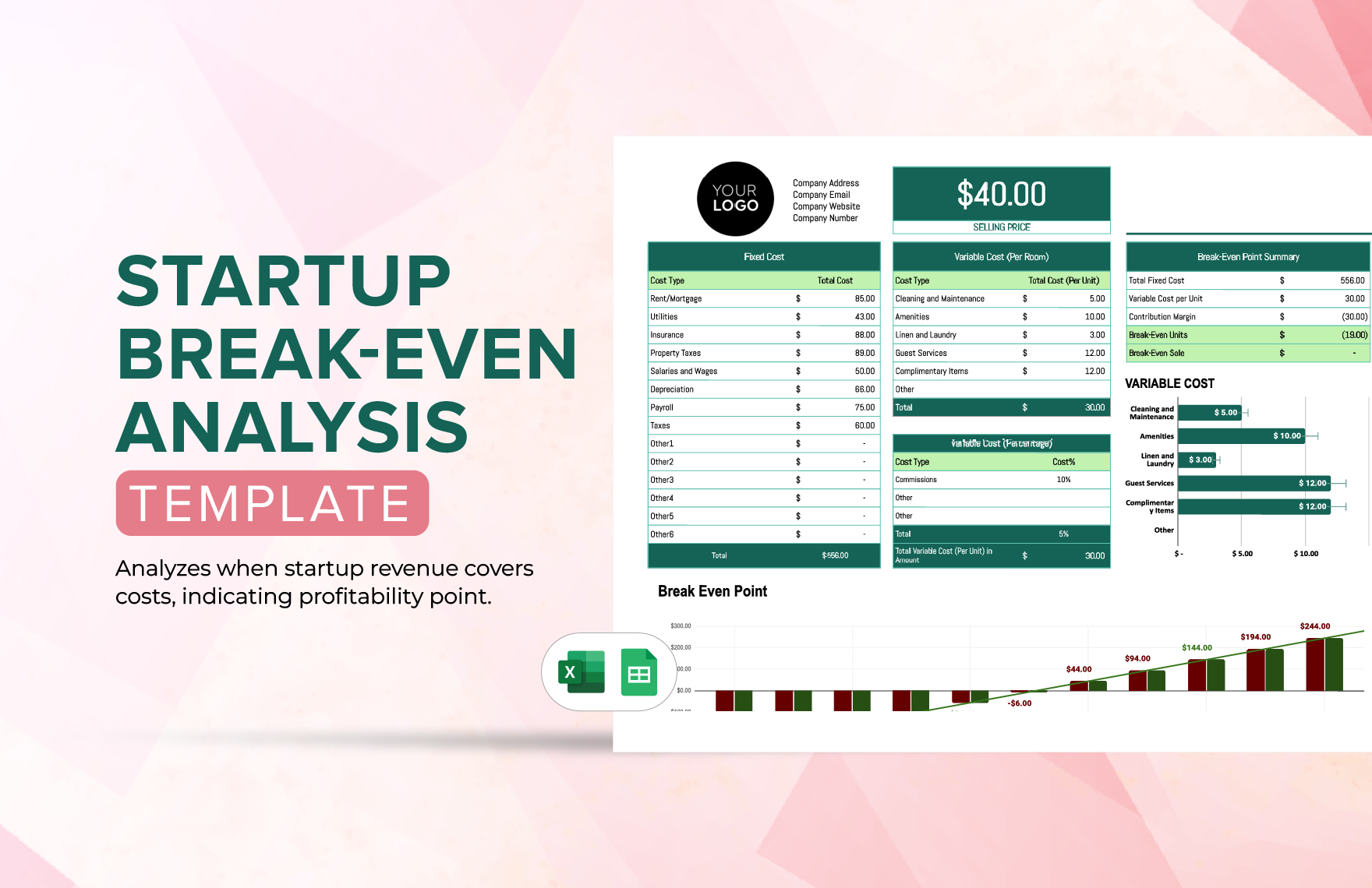 Startup Break-even Analysis Template in Excel, Google Sheets
