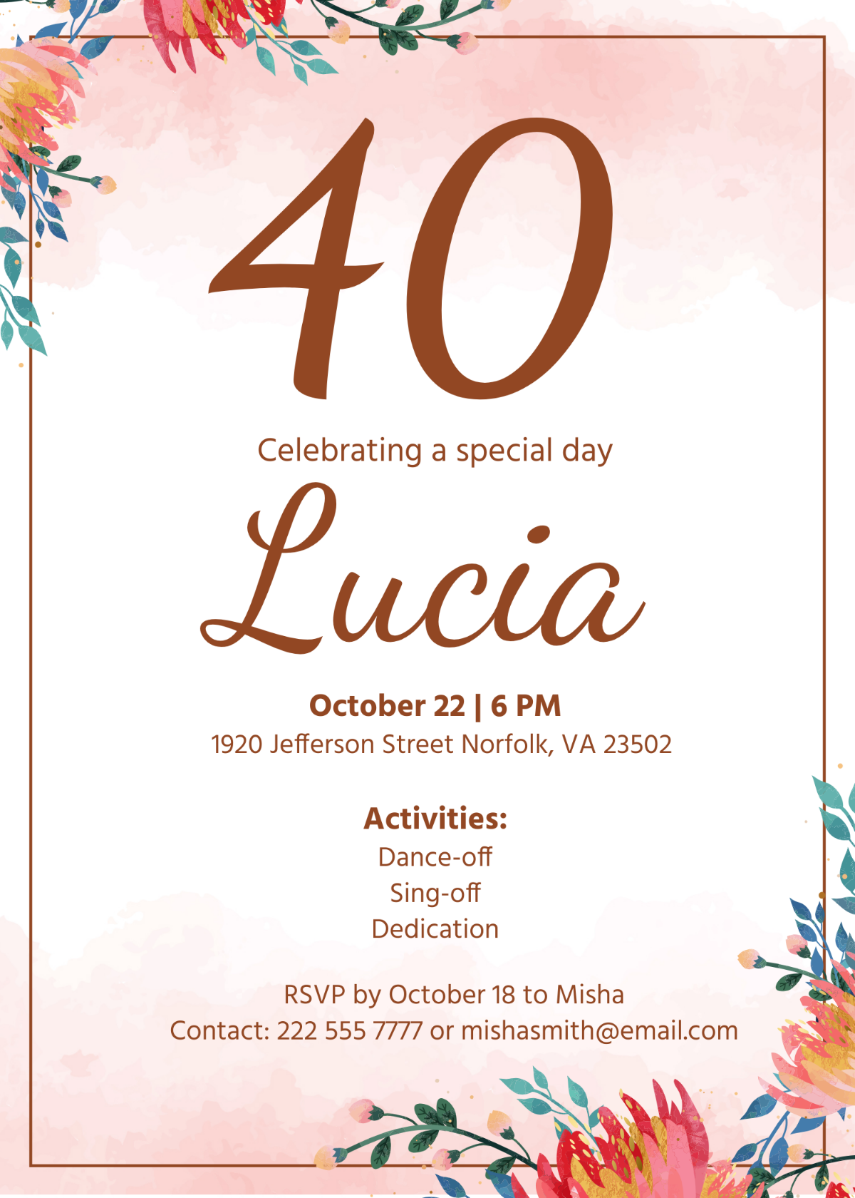 40th Girl Birthday Invitation