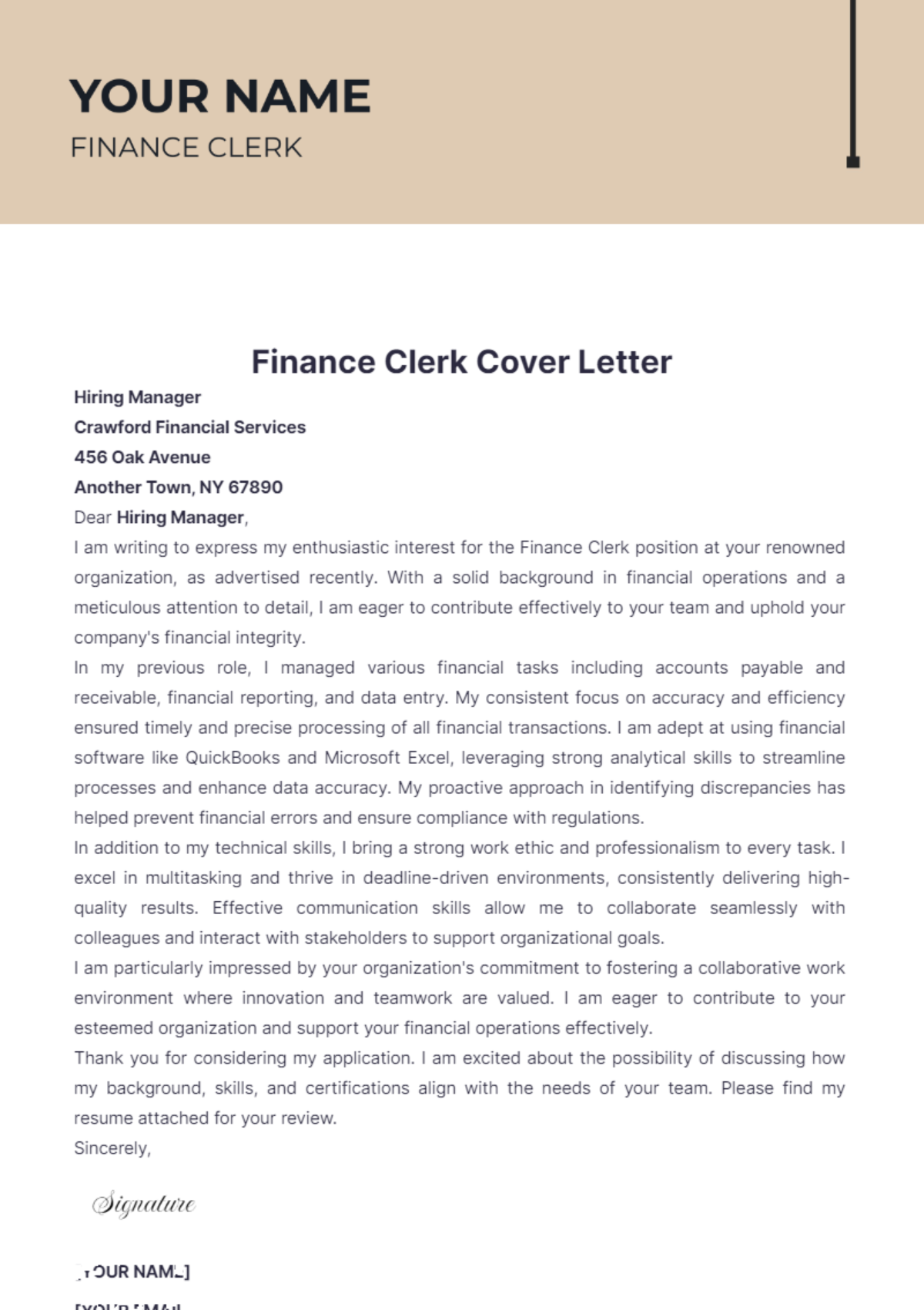 Finance Clerk Cover Letter - Edit Online & Download