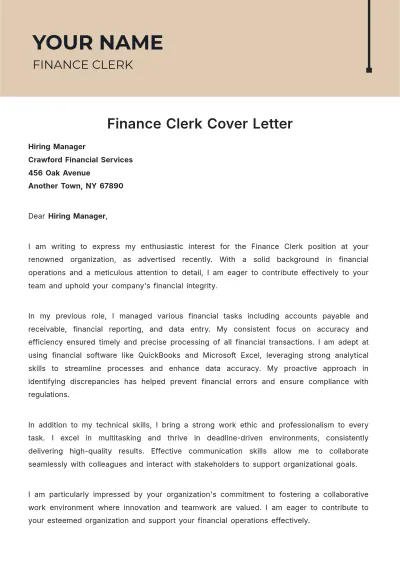 Free Finance Clerk Cover Letter to Edit Online