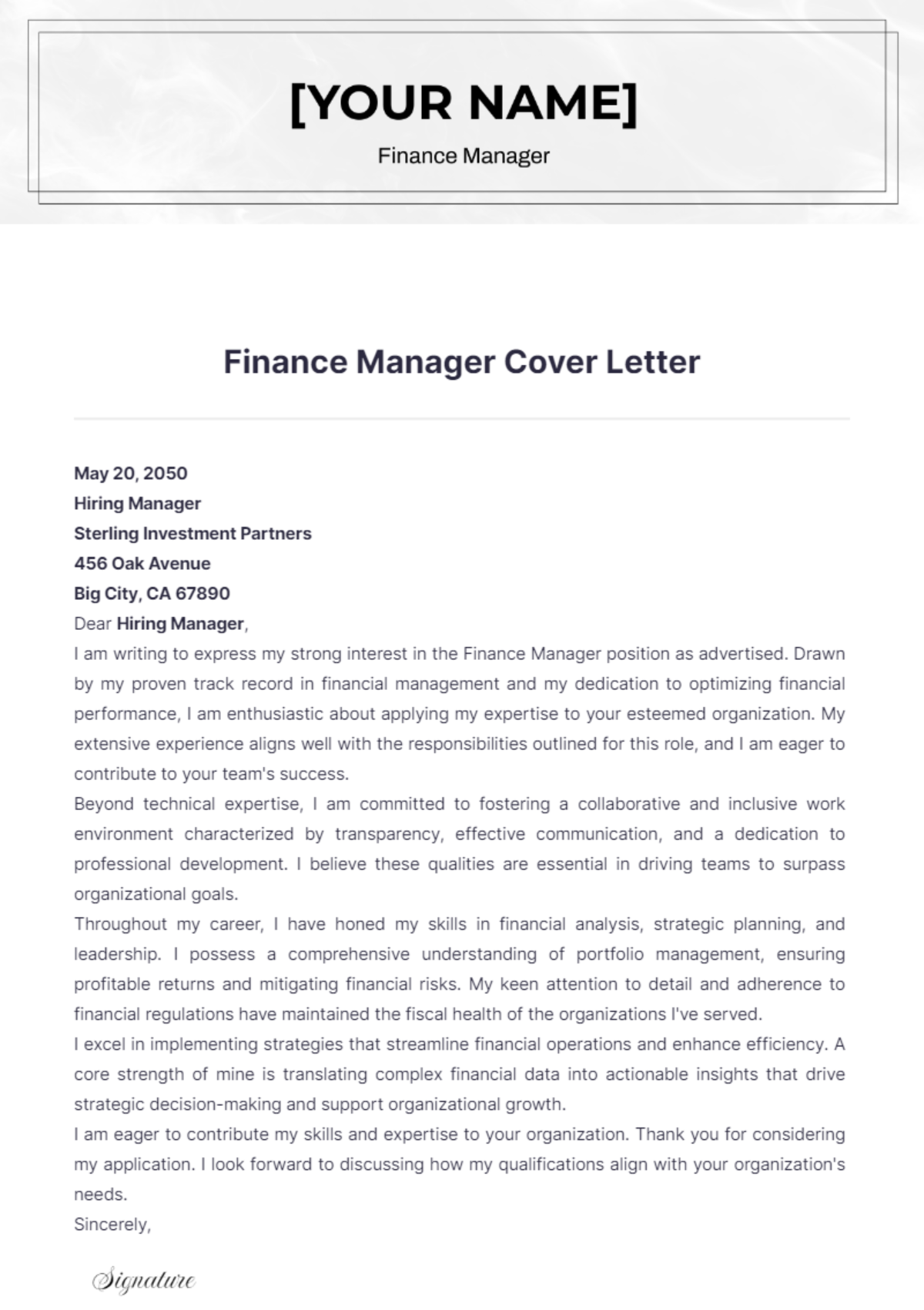 Finance Manager Cover Letter - Edit Online & Download