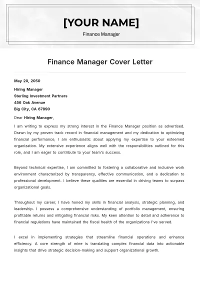 Free Finance Manager Cover Letter to Edit Online