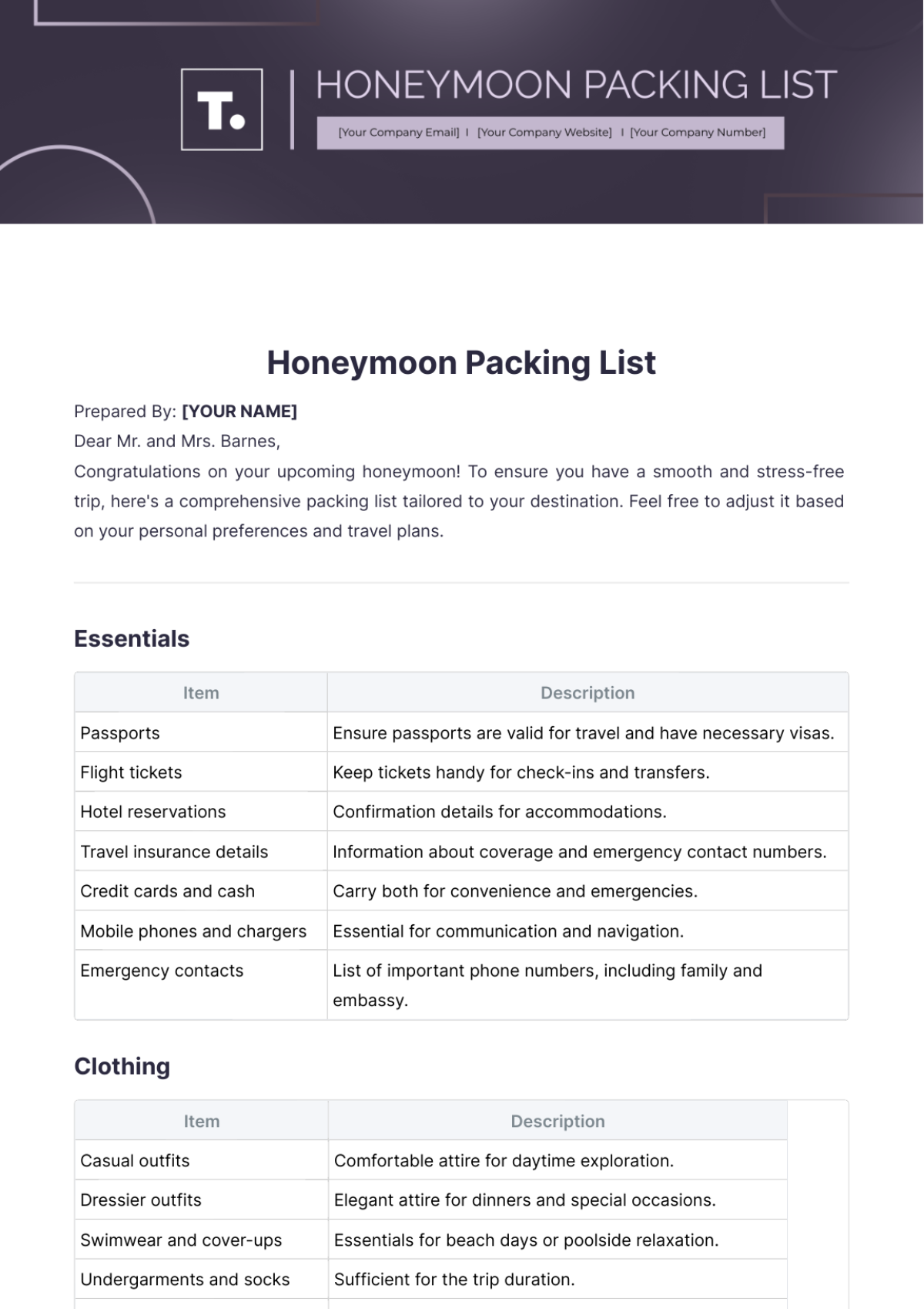 Honeymoon Packing List Template - Edit Online & Download