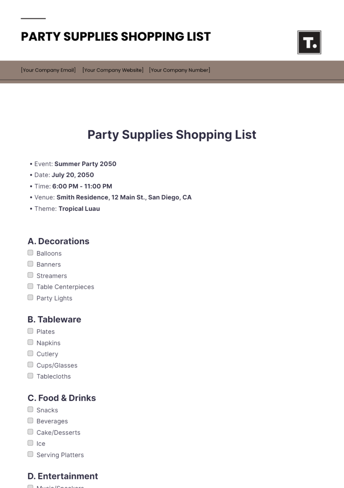 Party Supplies Shopping List Template - Edit Online & Download