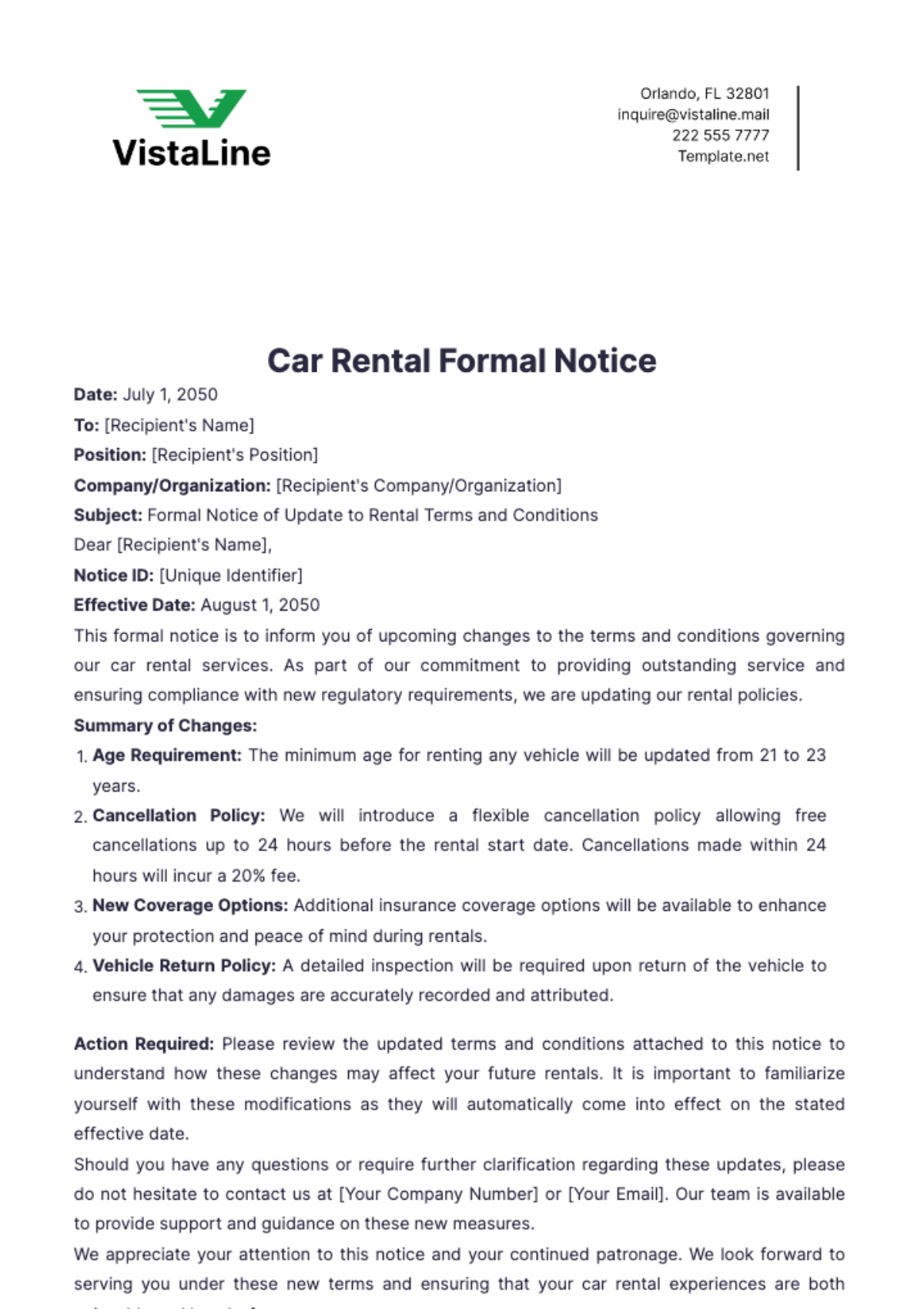 Car Rental Formal Notice Template - Edit Online & Download