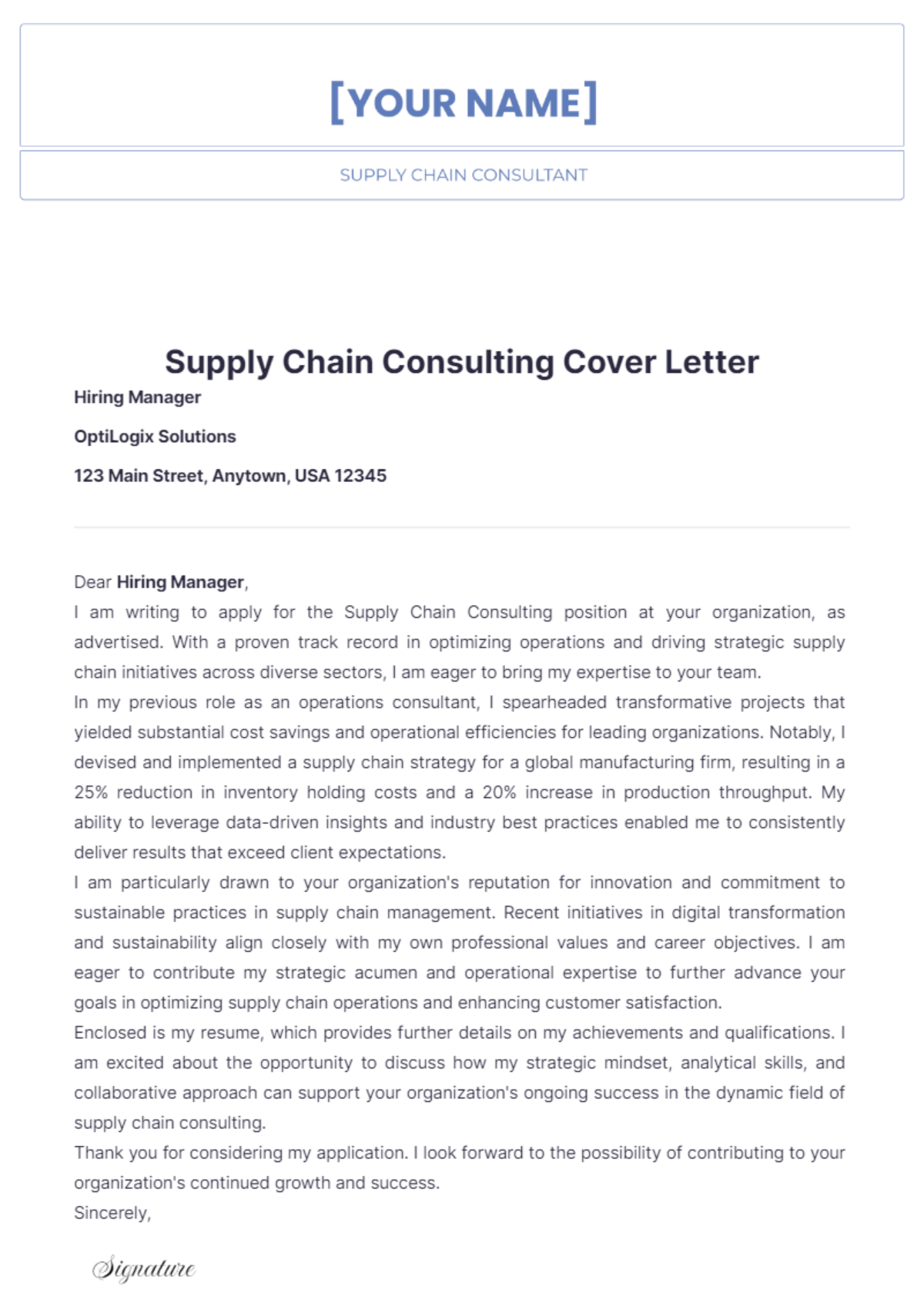 Supply Chain Consulting Cover Letter