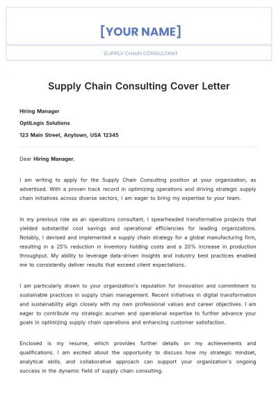 Free Supply Chain Consulting Cover Letter to Edit Online