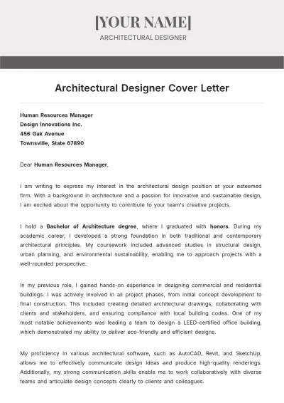 Free Architectural Designer Cover Letter to Edit Online