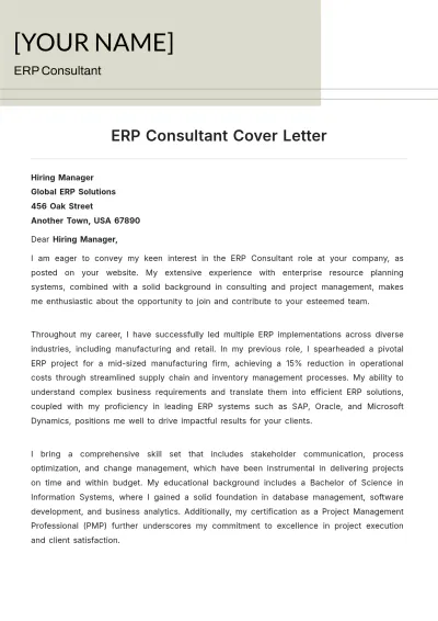 Free ERP Consultant Cover Letter to Edit Online