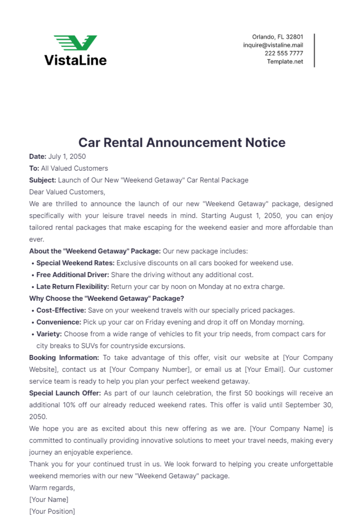 Free Car Rental Announcement Notice Template