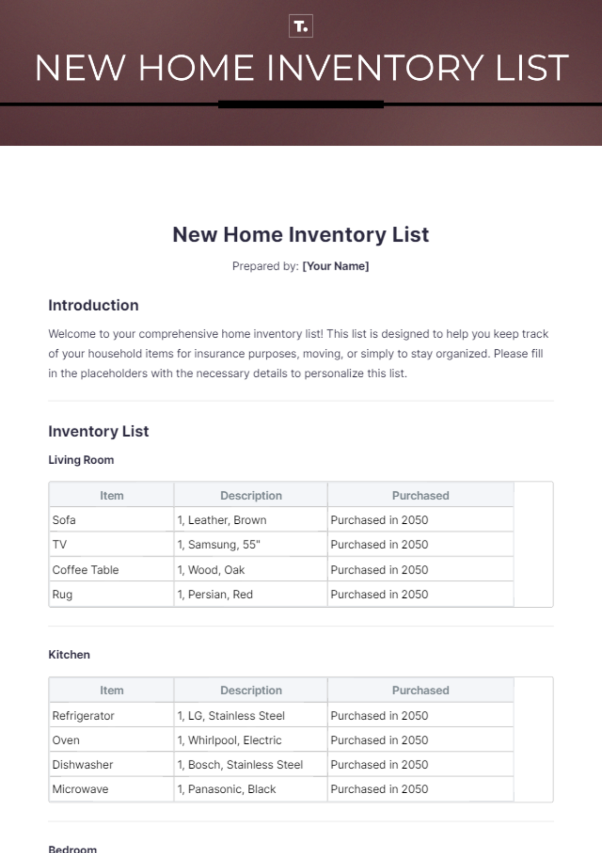 New Home Inventory List Template - Edit Online & Download