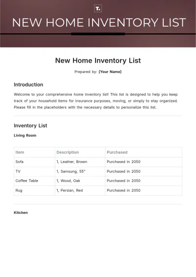Free New Home Inventory List Template to Edit Online